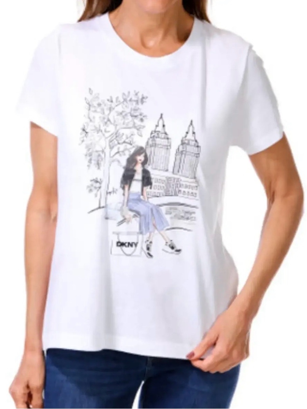 DKNY White Graphic Tee with City Sketch and Pastel Accents